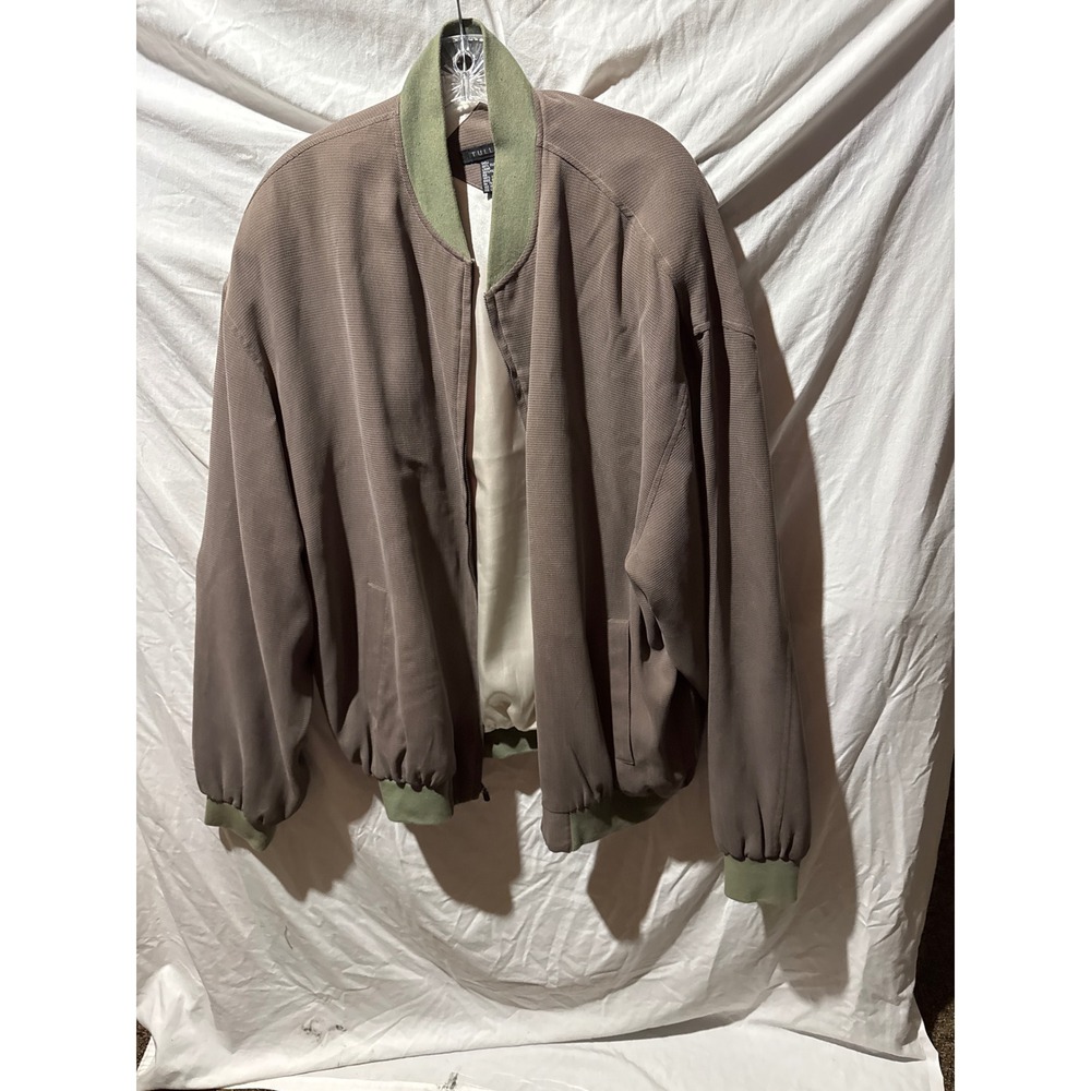 Tulliano Mens 100% Silk Bomber Jacket Taupe Brown Full Zip Lightweight XLT